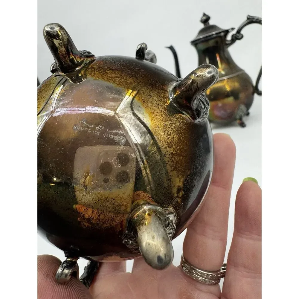 SMP Co Silversmiths Vintage Tea Set Silver on Copper Teapot Creamer Sugar